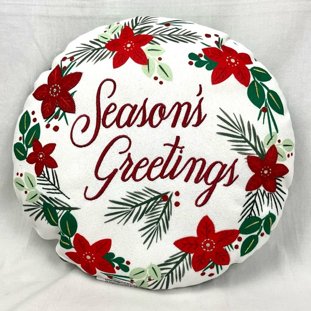 Season’s Greetings Round Pillow 15" Wondershop Holiday Christmas New Poinsettias